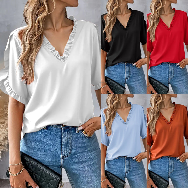 Dame afslappet bluse med ruffles ærmer og V-hals Stilla