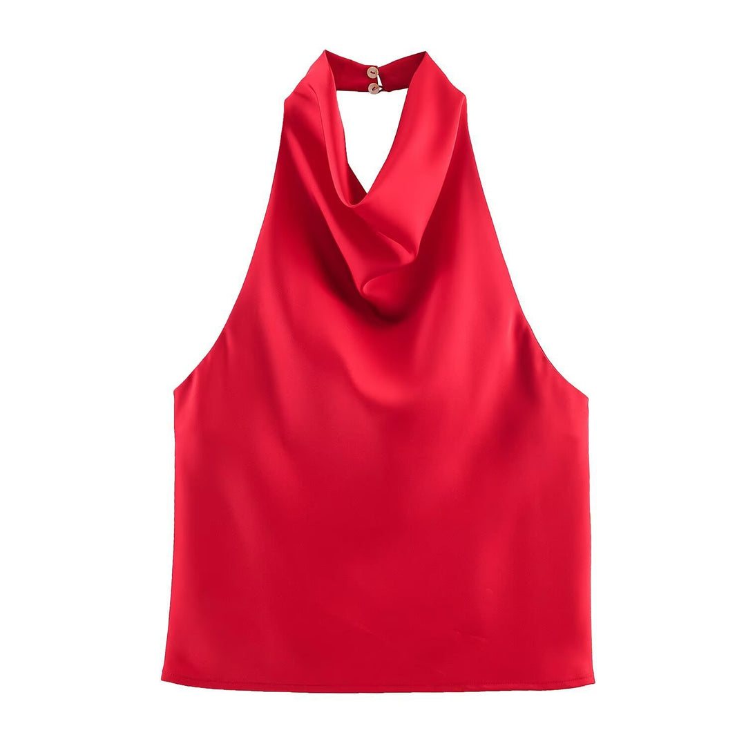 Dame elegant halterneck top med flydende snit og dekorative detaljer Skovae