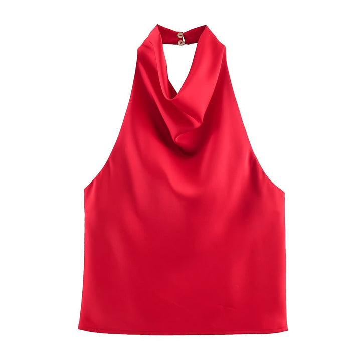 Dame elegant halterneck top med flydende snit og dekorative detaljer Skovae