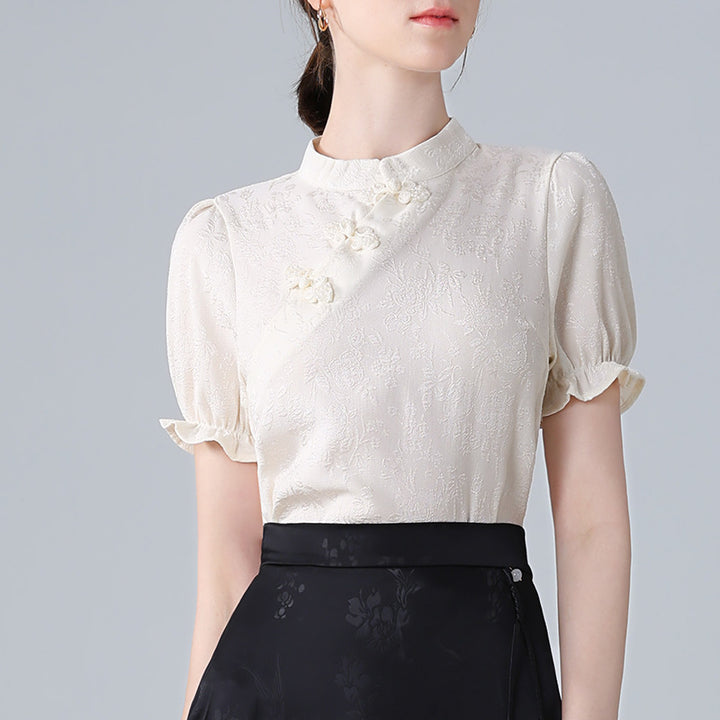 Dame Elegant Bluser T-shirt med asymmetrisk krave og floral struktur Stilla