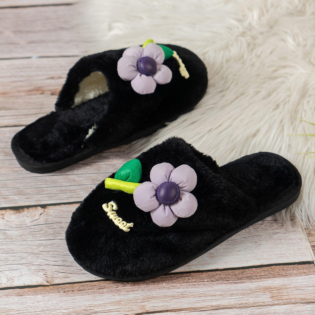 Damer Fluffy Hjemmesko med legende Blomsterapplikationer Stilla