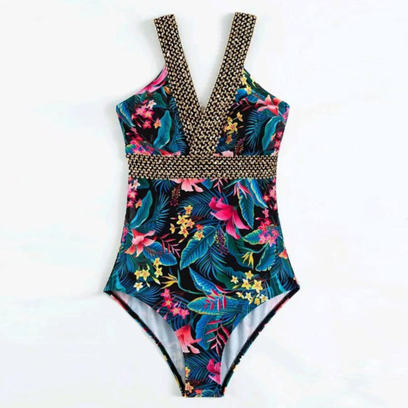 Femme Floral Print Dyb Udsnit En-dels Badedragt med Dekorative Accenter Stilla