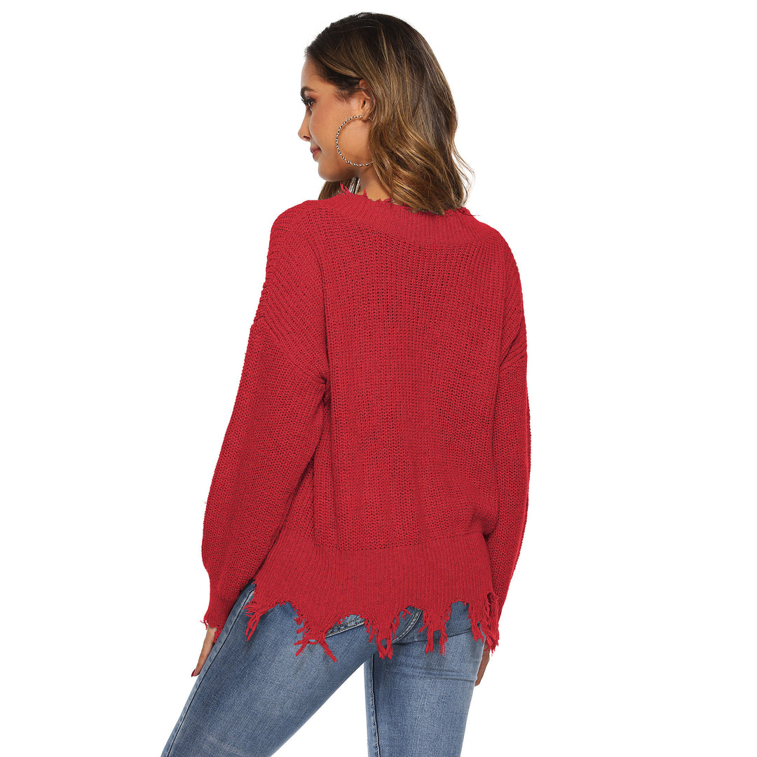 Dame grovstrikket pullover med V-hals og afslappet frynse-design Stilla