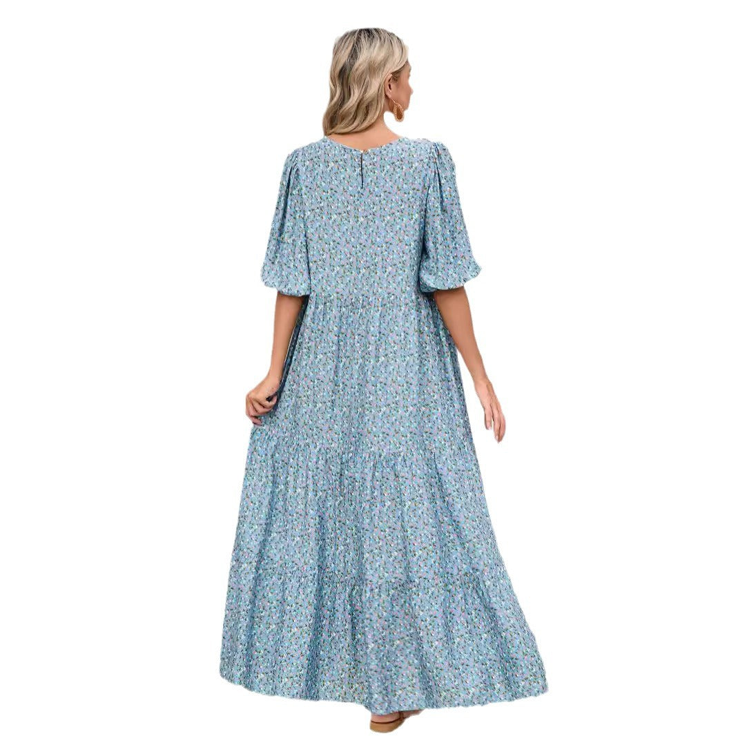 Dame Maxikjole med legende blomster mønster og elegante puffærmer Stilla