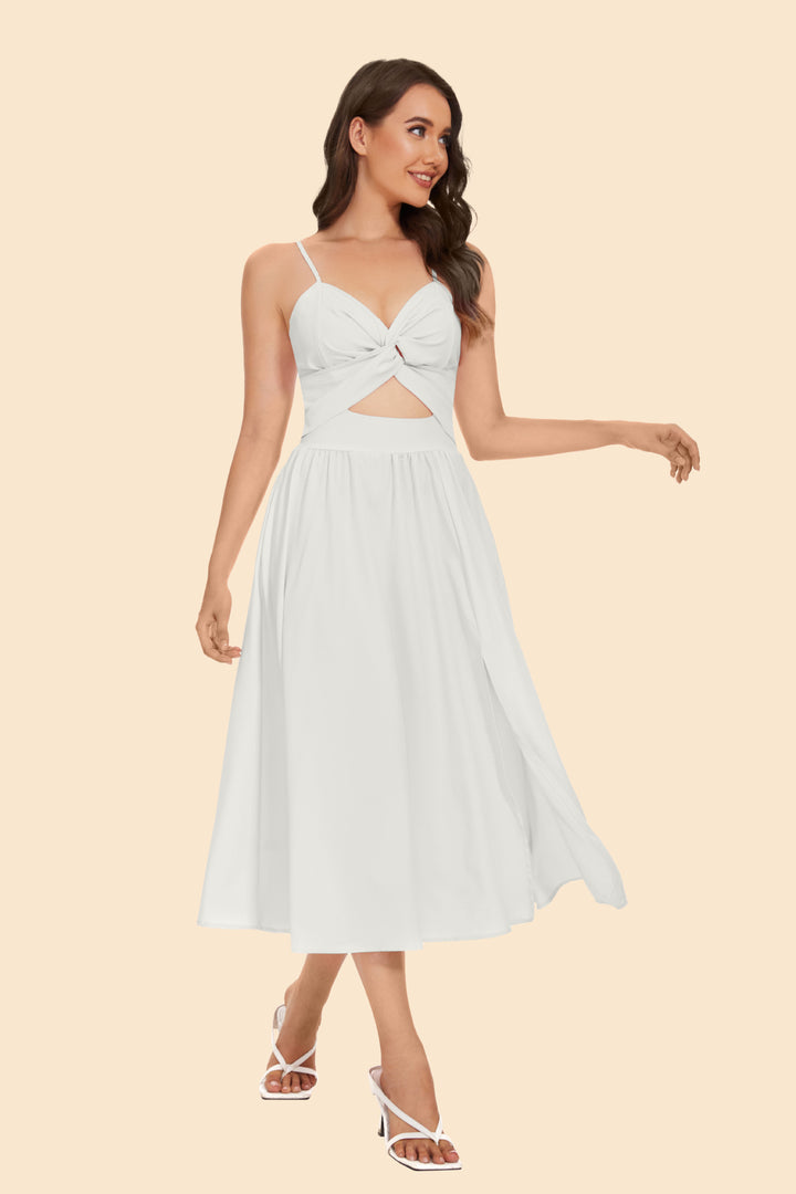 Women's two-piece ensemble with elegant knot-free blouse and flowing skirt with slit Skovae