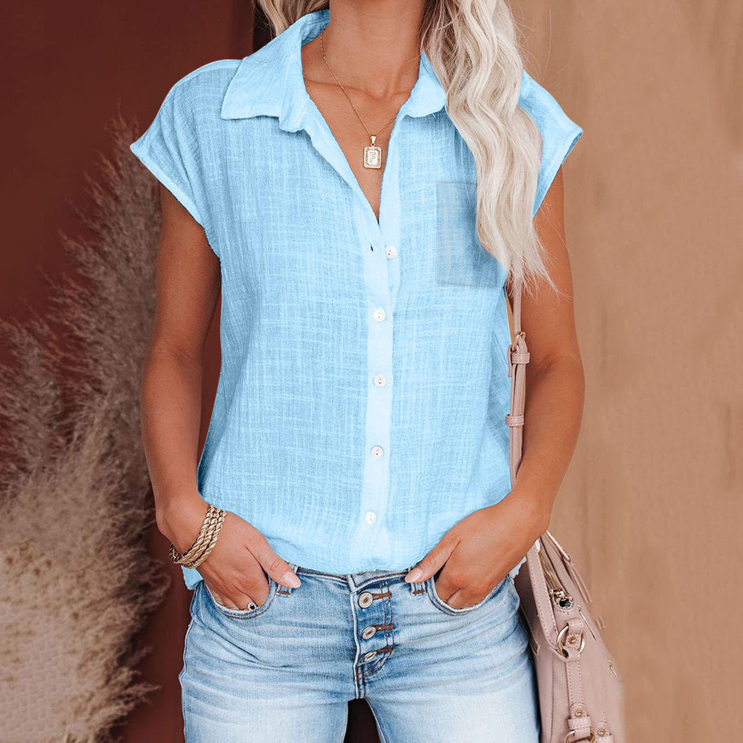 Dame Kortærmet Skjortebluse i let Linnedblanding med gennemgående Knapliste Stilla