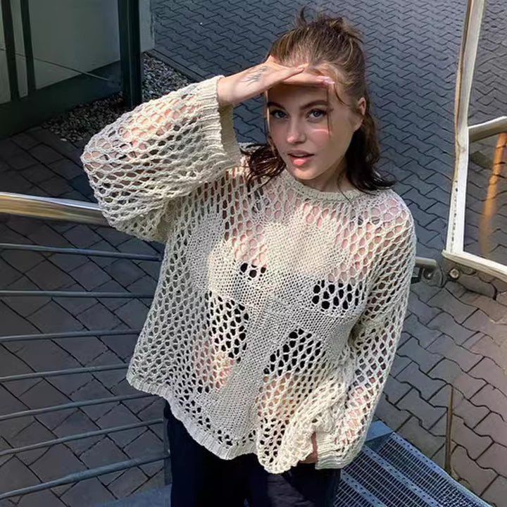Kvinders luftige strikket sweater med åben mesh design Stilla