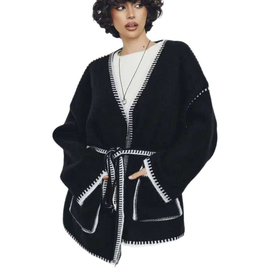 Damer Fashionable Strik Cardigan med Livrem og Original Lomme Design Stilla