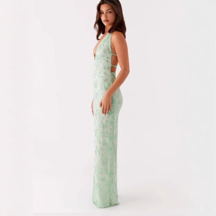 Kvindernes elegante langærmede kjole med blomster lace overlay og dyb v-hals