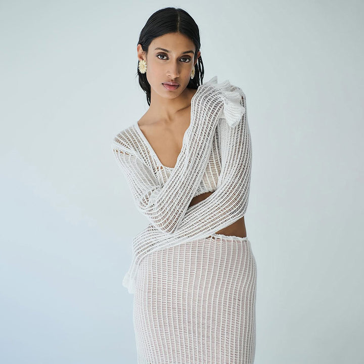 Damer Hæklet-Bikini-Sæt med langærmet Crop-Top og asymmetrisk Nederdel Stilla