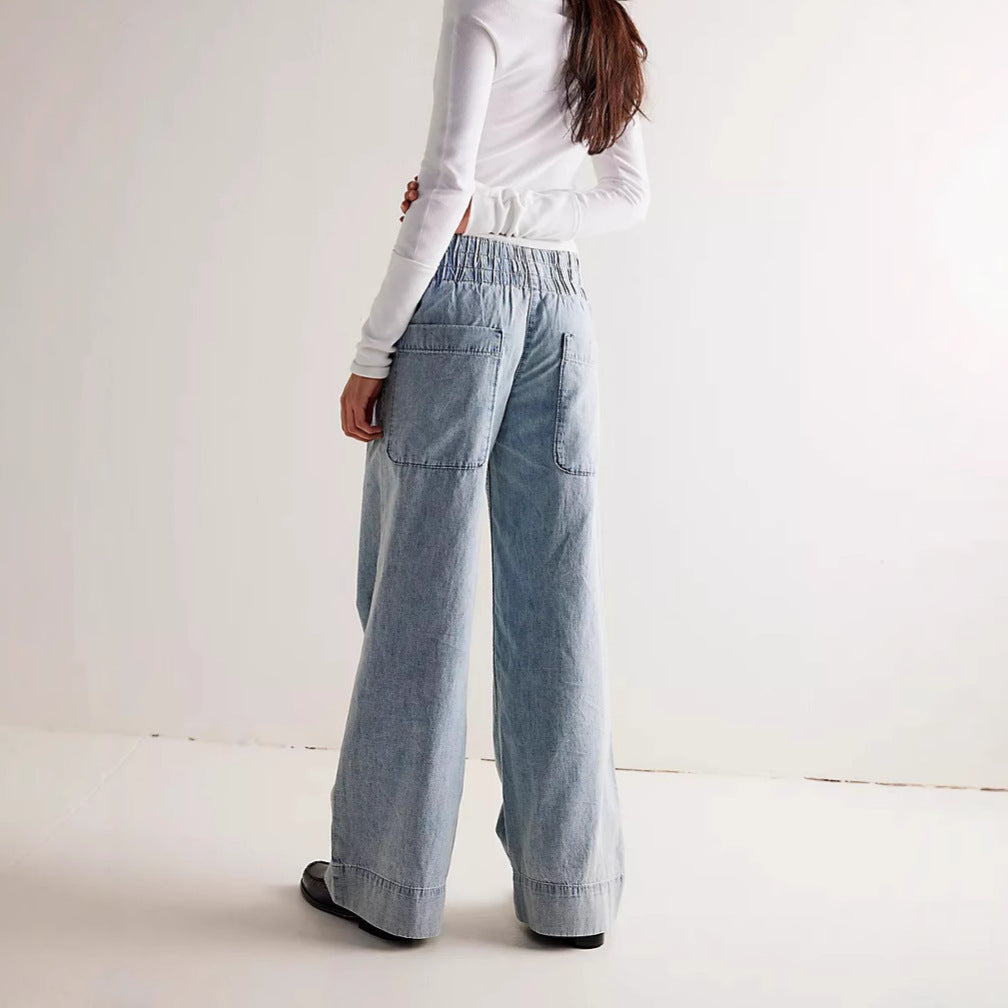 Dame bred denim-stretchbukser med høje lommer og elastisk talje Stilla
