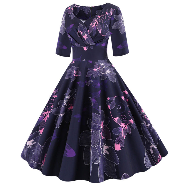 Dame Floral Print A-Linie Kjole med Elegant V-Udskæring Stilla