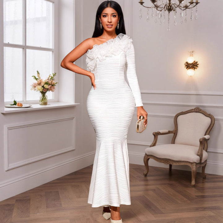 Dame elegant omslagskjole med flæser og asymmetrisk udskæring Skovae