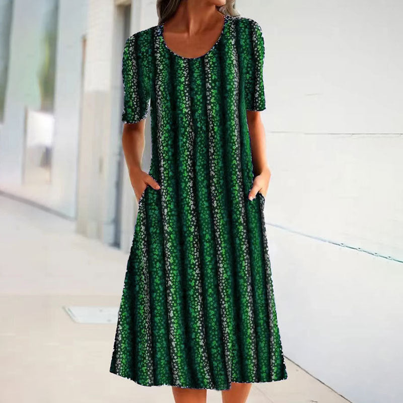 Stilla | Casual Leopard Stripe Pocket Rund Hals Korte Ærmer Kjole