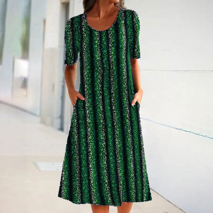 Stilla | Casual Leopard Stripe Pocket Rund Hals Korte Ærmer Kjole