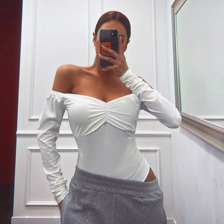 Dame Off-Shoulder Langærmet Bodystocking med Ruffles Detaljer Stilla