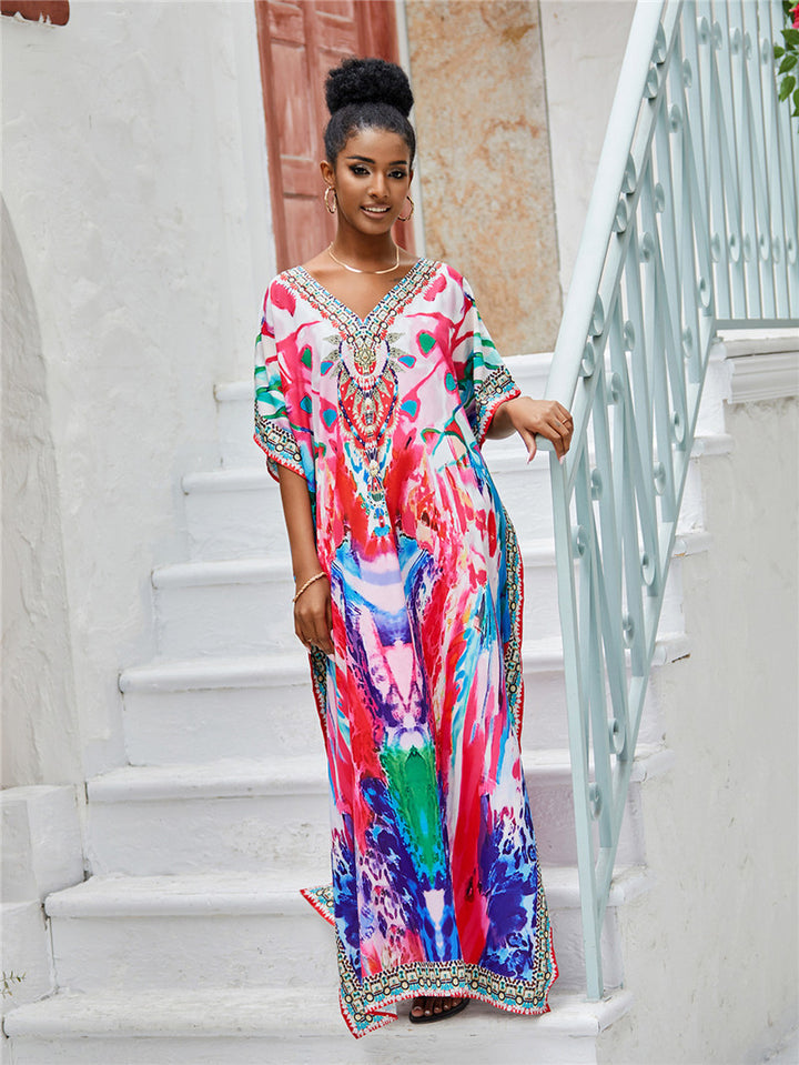 Dame Strandkaftan med kunstnerisk mønster og elegante dekorationer Stilla