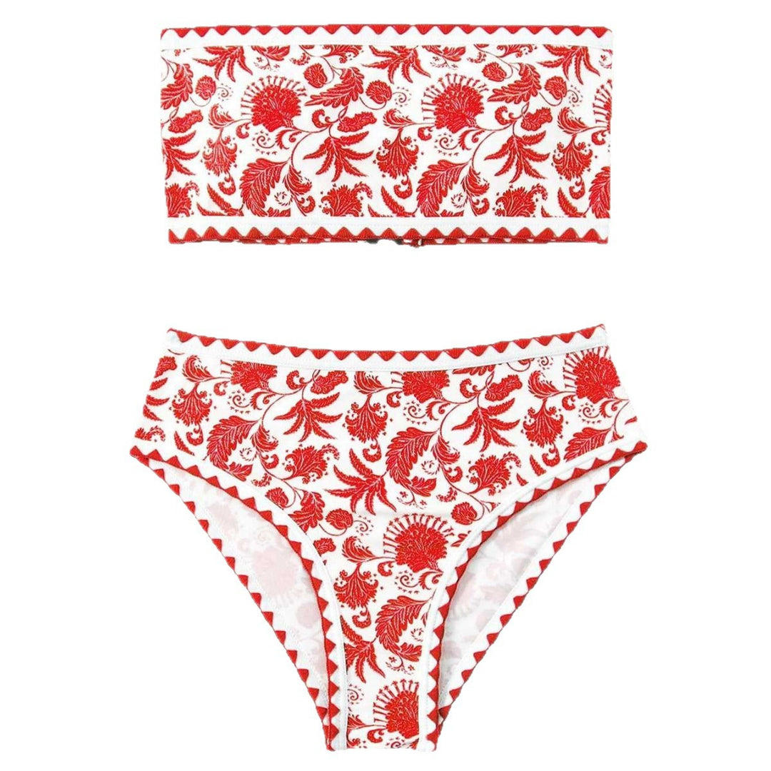 Dame Bandeau-bikini-sæt med farverigt blomstermønster og elastisk bælte Skovae