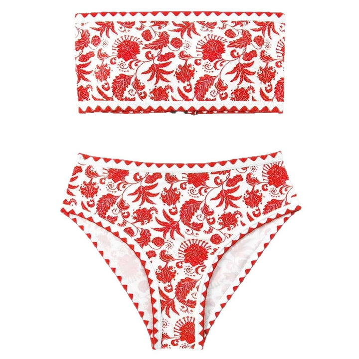 Dame Bandeau-bikini-sæt med farverigt blomstermønster og elastisk bælte Skovae