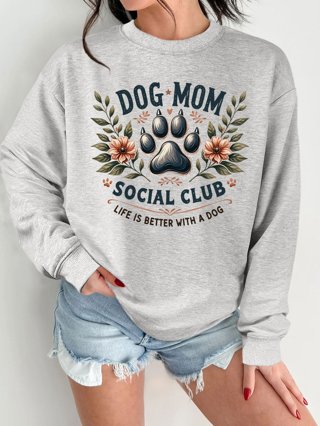 Kvindernes sweatshirt med trendy hundemotiv og forbedret print Stilla