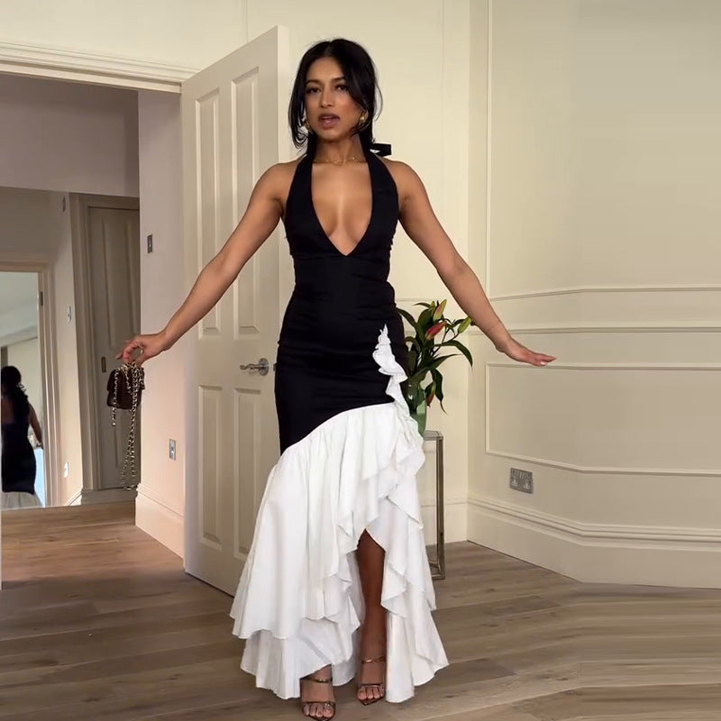 Dame Elegant Vaveldress med dyb V-udskæring og voluminøs flæseplet Stilla