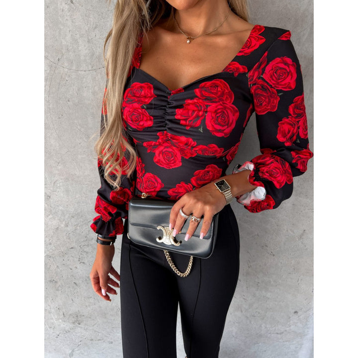 Dame Floral Print Rynk Langærmet Top Stilla