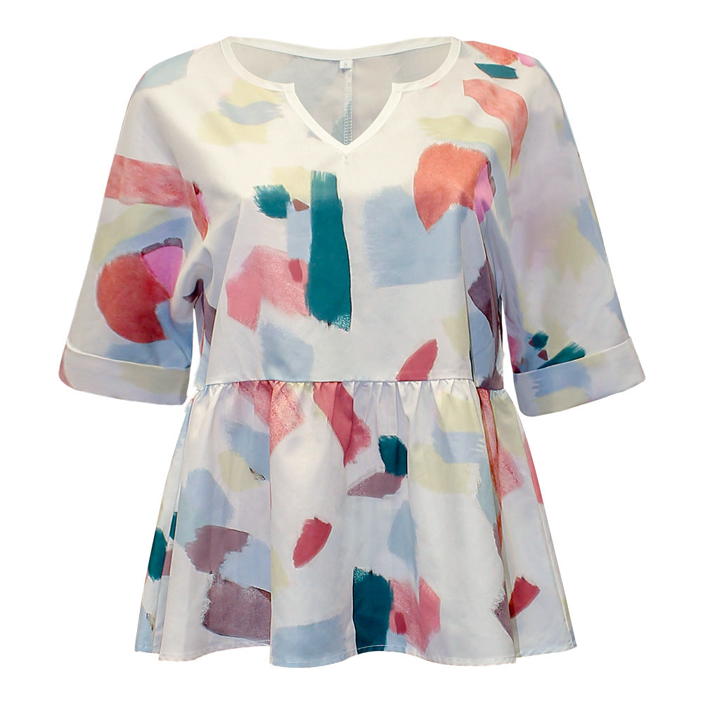 Stilla | Elegant V-hals 3/4 Ærme Plisseret Trykt Løs Bluse Top