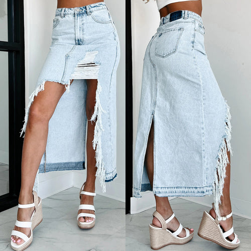 Dame Casual Denim Midi Skirt med asymmetrisk slits og frynsede Stilla