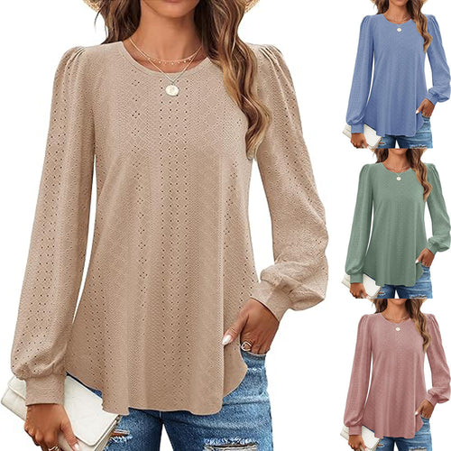 Damebluse med puffærmer og hulmønster Stilla