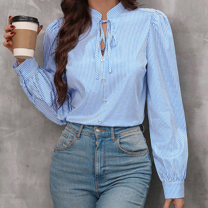 Damer stribet bluse top med krave Stilla