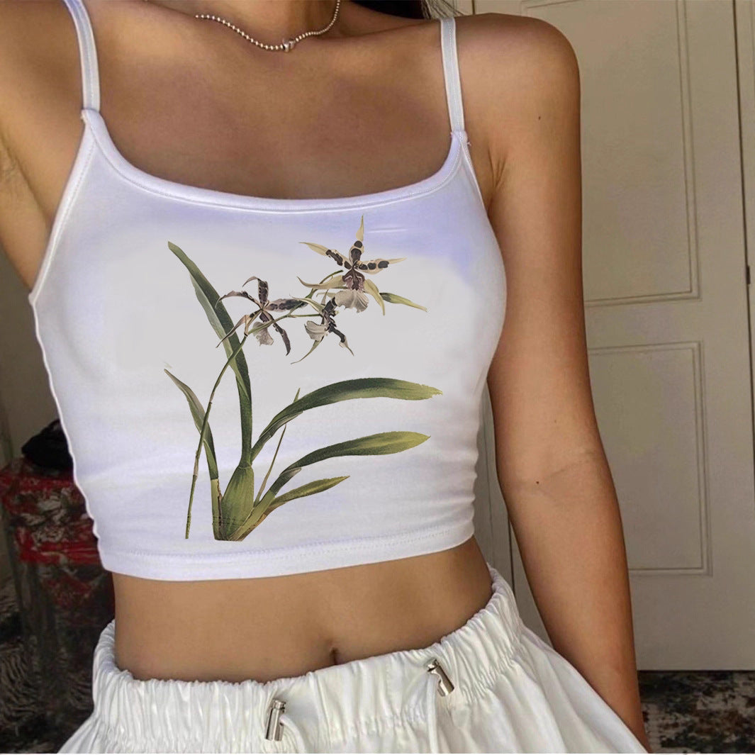 Dame Crop-Top med blomsterdesign og smalle stropper Skovae