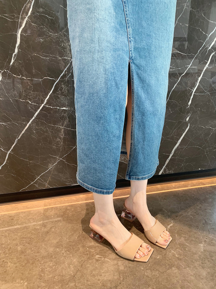 Dame Elegant Åben Tå Slide Mules med Blokhæl Stilla