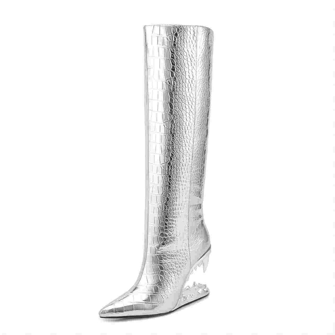 Femme Statement Stiletto Knæhøje Støvler med Krokodillet текстur Stilla