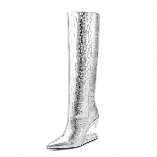 Femme Statement Stiletto Knæhøje Støvler med Krokodillet текстur Stilla