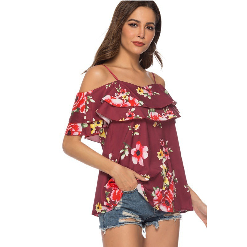 Dame Koldt Skulder Ruffles Dekoreret Floral Top Stilla