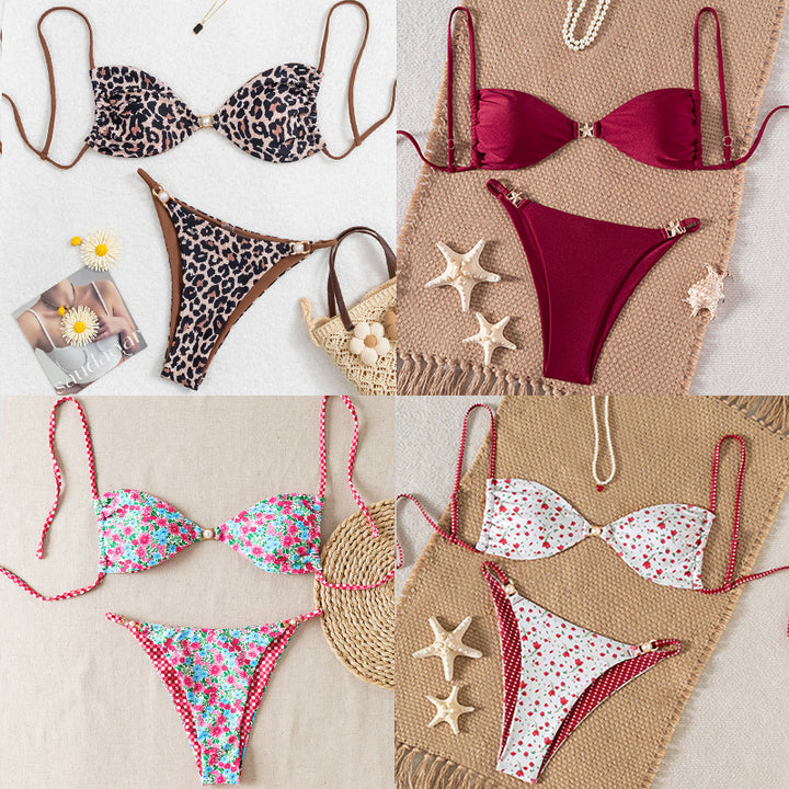 Dame Bikini-sæt med raffineret leopardmønster og elegante perledetaljer Skovae