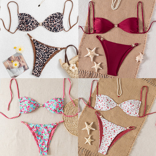 Dame Bikini-sæt med raffineret leopardmønster og elegante perledetaljer Skovae