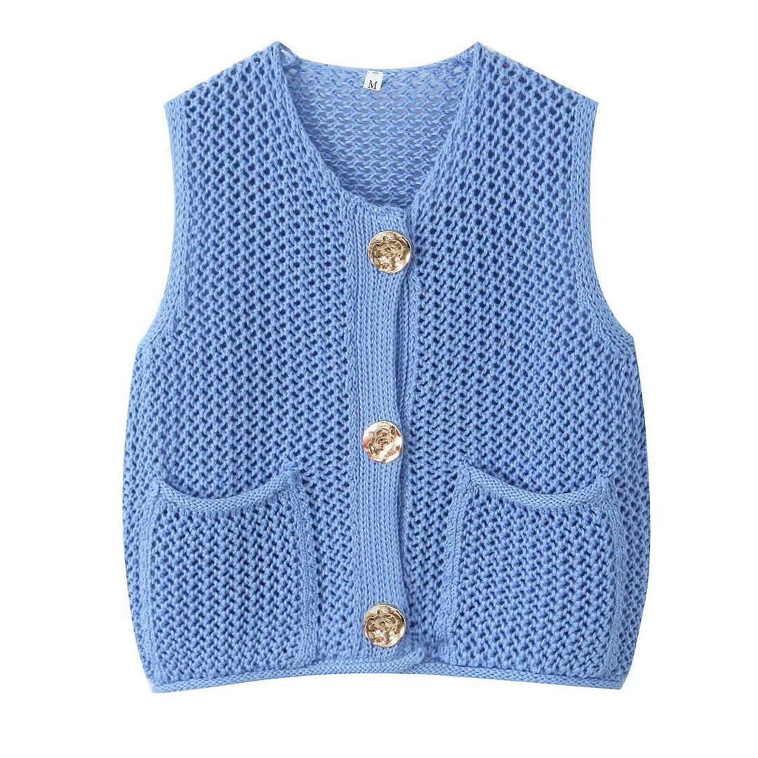 Dame strikvest med elegante knapper og lommer Stilla