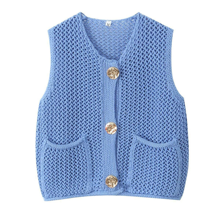Dame strikvest med elegante knapper og lommer Stilla