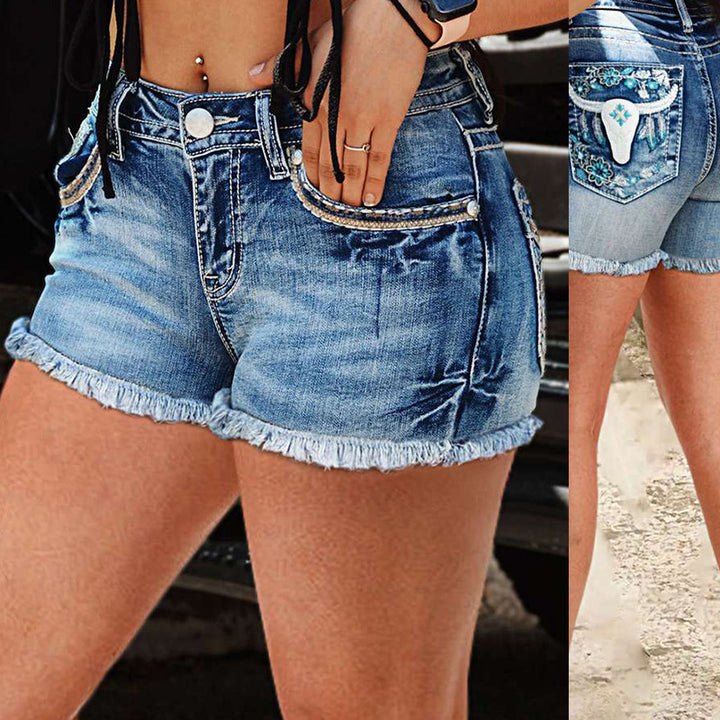 Kvindernes denim shorts med blomsterbroderi og frynset kant Stilla