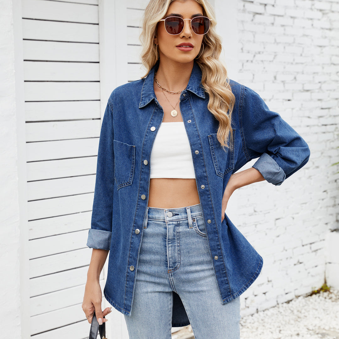 Dame Oversized Denim-Skjortejakke med brystlommer og afslappet snit Stilla