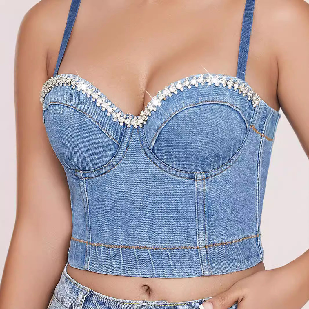 Dame figursyet Denim-Crop-Top med strassbesat Bustier-design Stilla