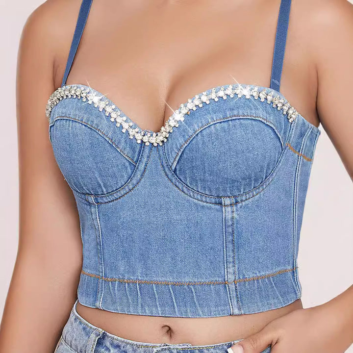 Dame figursyet Denim-Crop-Top med strassbesat Bustier-design Stilla