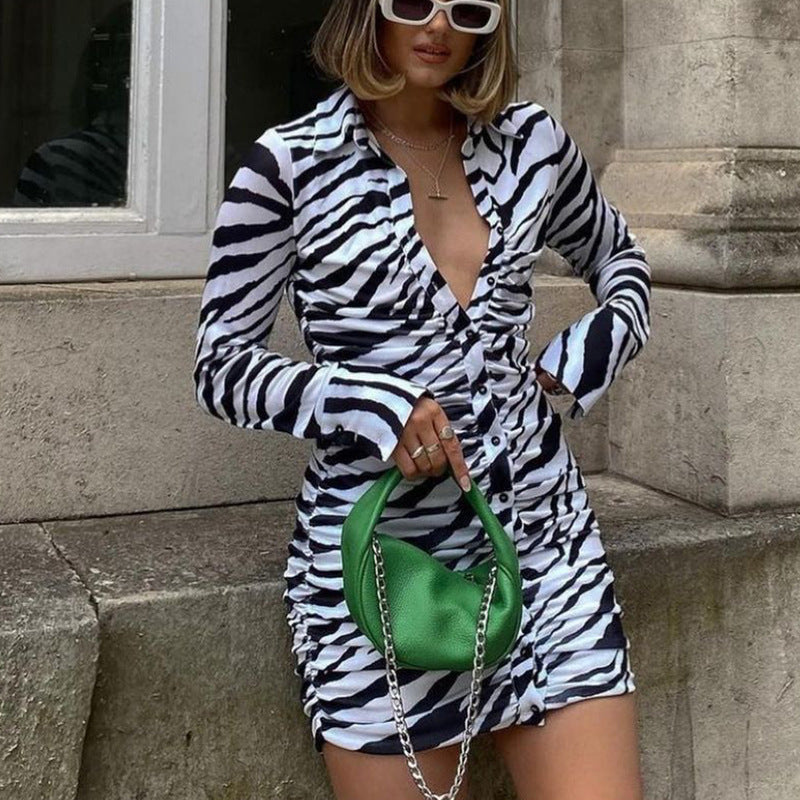 Dame Mode Skjortekjole med Drapering og Zebra-Design Stilla