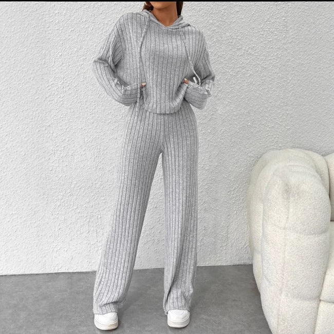 Dame Blødt Strik-Loungewear-Sæt med bredt bånd og ribbet design Stilla