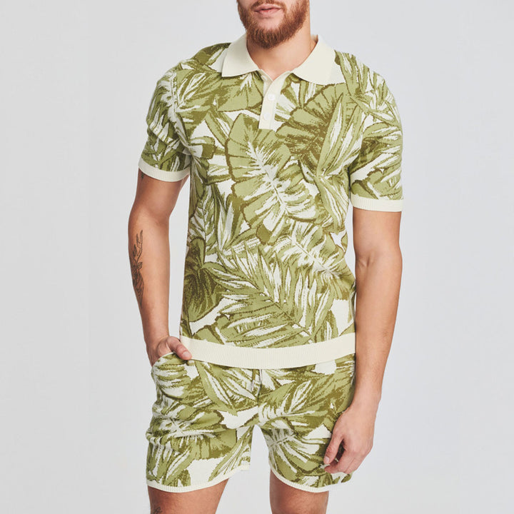 Herrer Polo-Shirt og Shorts Sæt i tropisk bladdesign Stilla