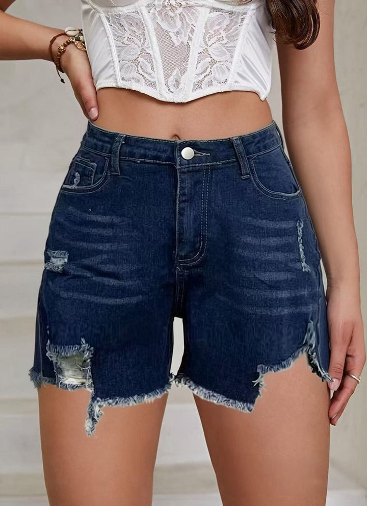 Dame casual Destroyed jeansshorts med høj talje og frynset afslutninger Skovae