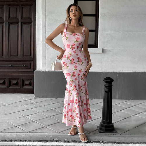 Kvindernes Maxi Kjole med Fyrkantet Udringning og Blomster Pailette Design Stilla