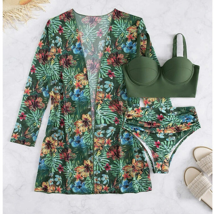 Dame bikini-sæt med floral kimono og polstret top Stilla