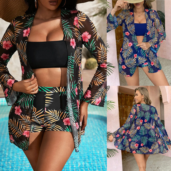 Dame bikinisæt med gennemsigtig cover-up og blomsterprint Stilla